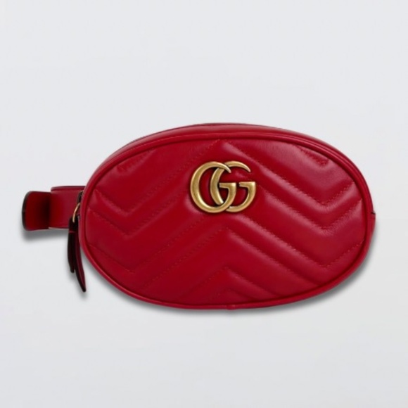 Gucci Marmont Oval Belt Bag Interlocking GG Quilted Leather Red Small 75 cm - Picture 1 of 16